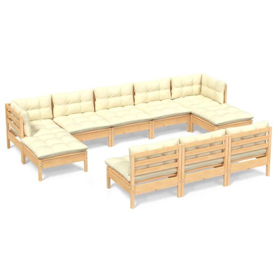 Salon de jardin 10 pcs avec coussins crème bois de pin