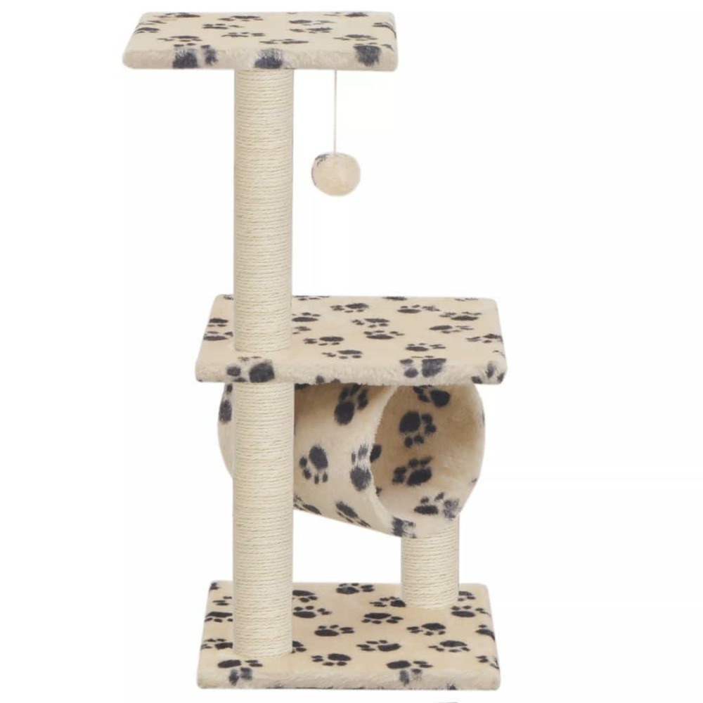 Arbre à chat griffoir grattoir niche jouet animaux peluché en sisal 65 cm beige motif pattes
