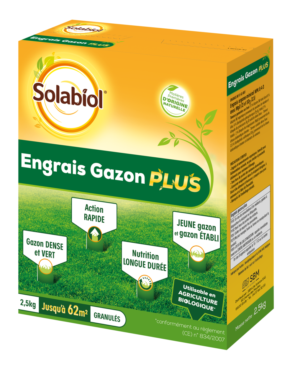 Solabiol engrais gazon plus - 2,5 kg - granulés - jusqu'à 62m² - nutrition longue durée - gazon dense & vert - action rapide - UAB