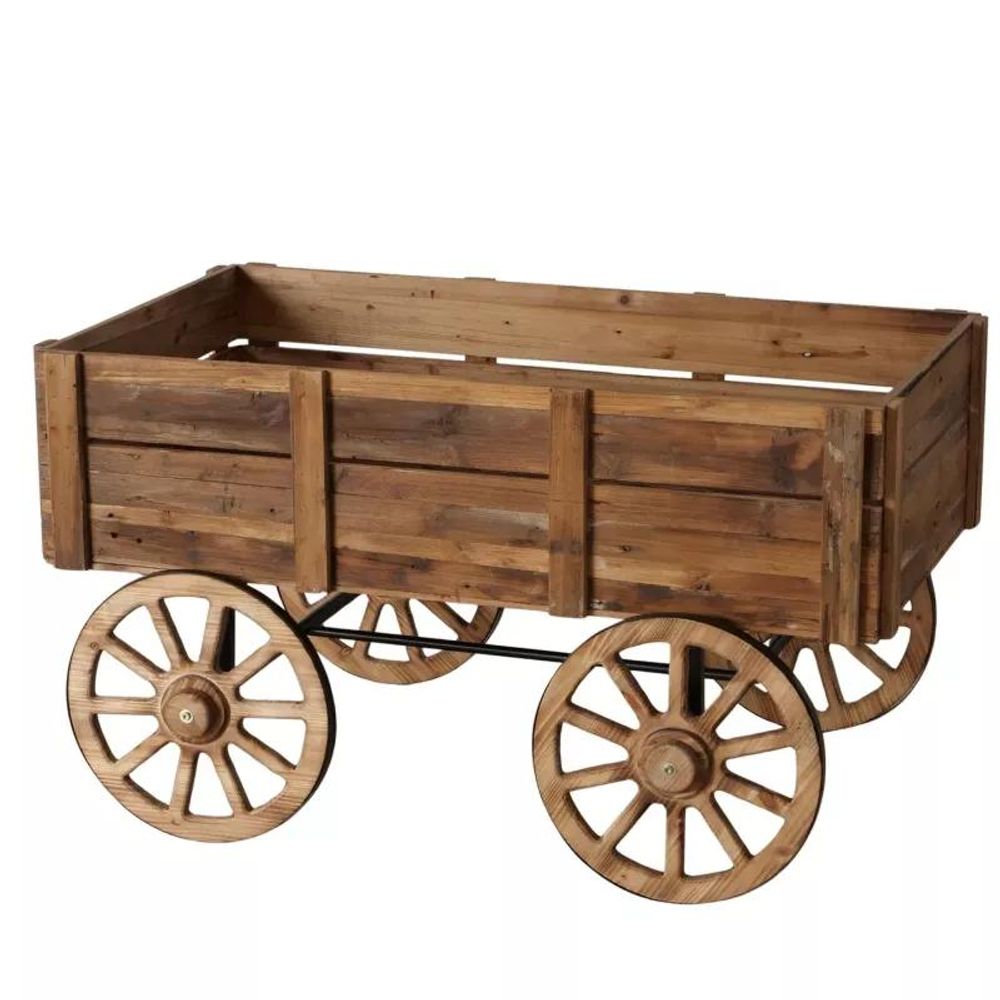 Charrette de noël boltze en bois recyclé vieilli et fer forgé 123 cm, déco xxl rustique marron