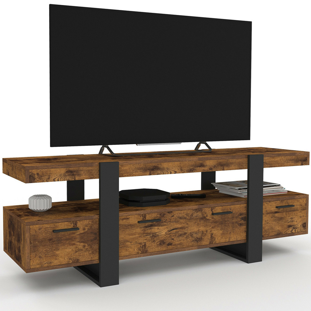 Meuble tv 140 cm phoenix avec tiroirs bois effet vieilli et noir