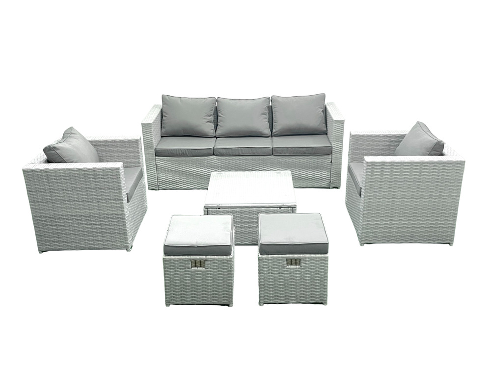 7 places salon de jardin avec canapé 3 places 2 chaise table basse carrée 2 petits tabourets gris clair mixte