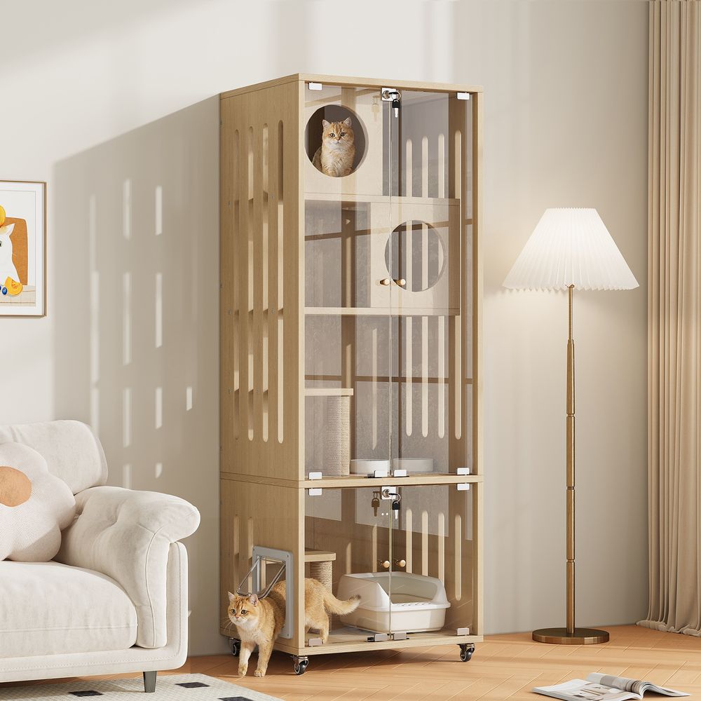 Maison pour chat mdf et verre naturel 60 x 50 x 156 cm avec roulettes verrouillables