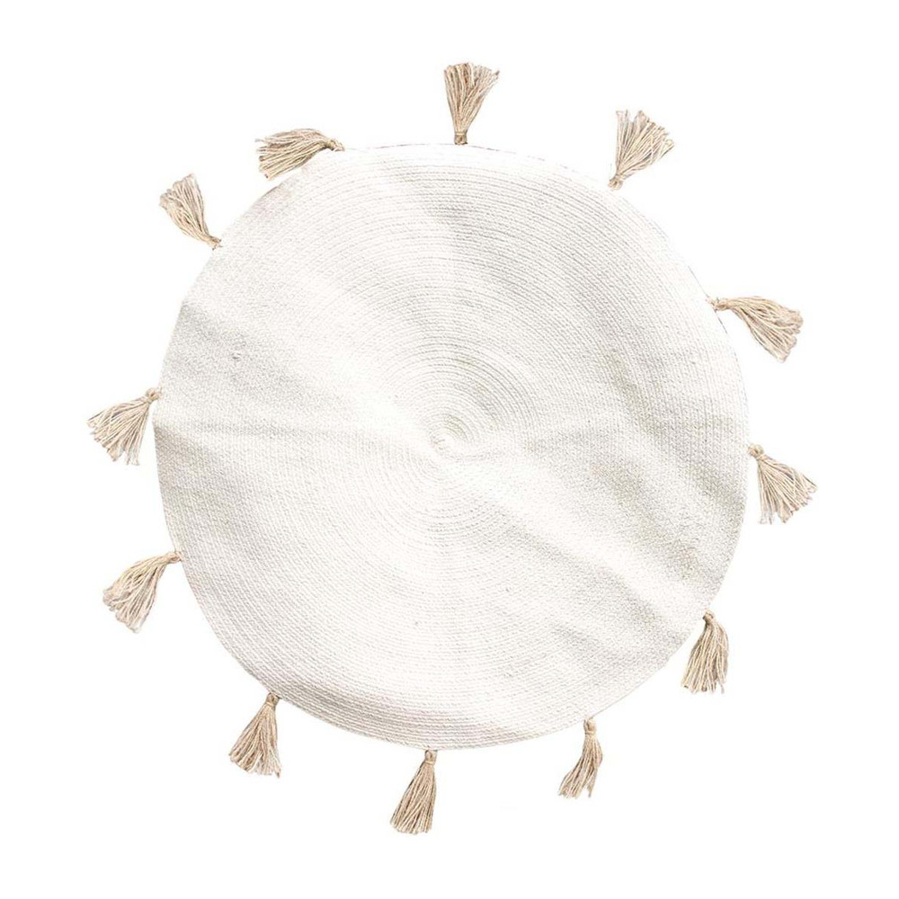 Tapis rond en coton pompons 90 cm blanc cassé
