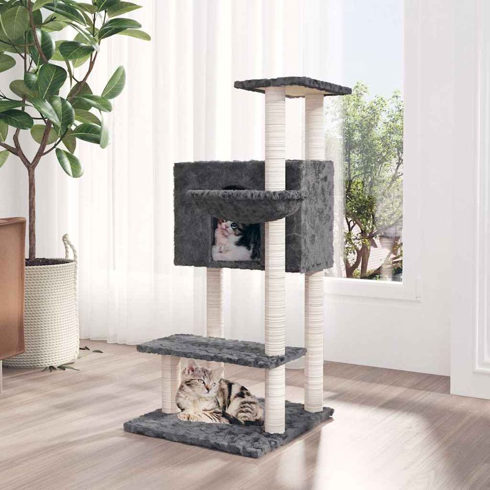 Tour pour chat 108,5 cm avec niche, panier d'observation et poteaux griffoirs en sisal gris foncé