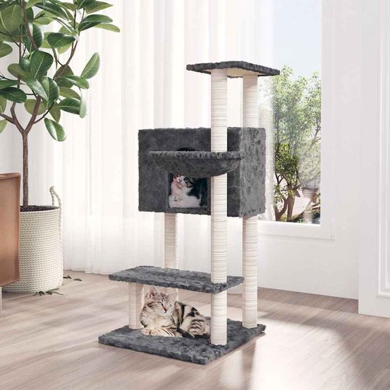 Tour pour chat 108,5 cm avec niche, panier d'observation et poteaux griffoirs en sisal gris foncé