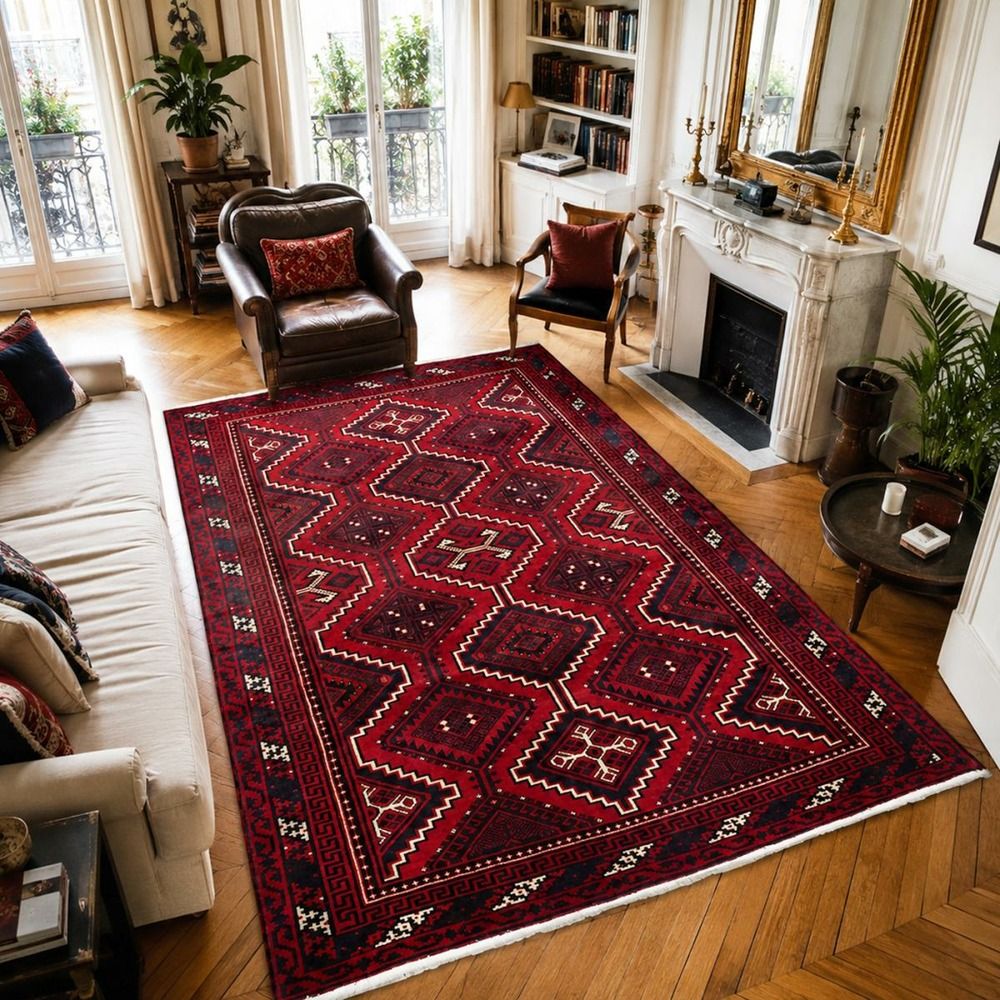 Tapis d'orient 225 x 315 cm, oriental, rouge, crème et noir, noué main en laine, lori 4
