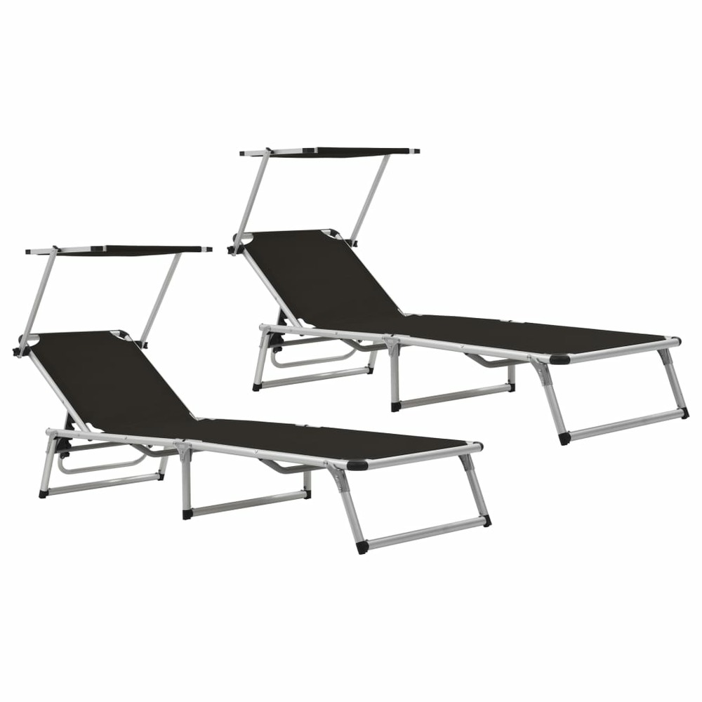 Chaises longues pliables et toit 2 pièces aluminium textilène noir