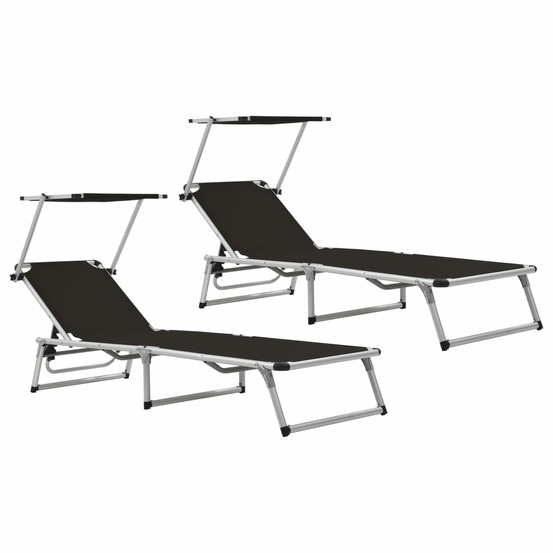 Chaises longues pliables et toit 2 pièces aluminium textilène noir