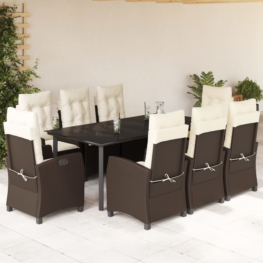 Ensemble à manger de jardin et coussins 9 pcs marron poly rotin