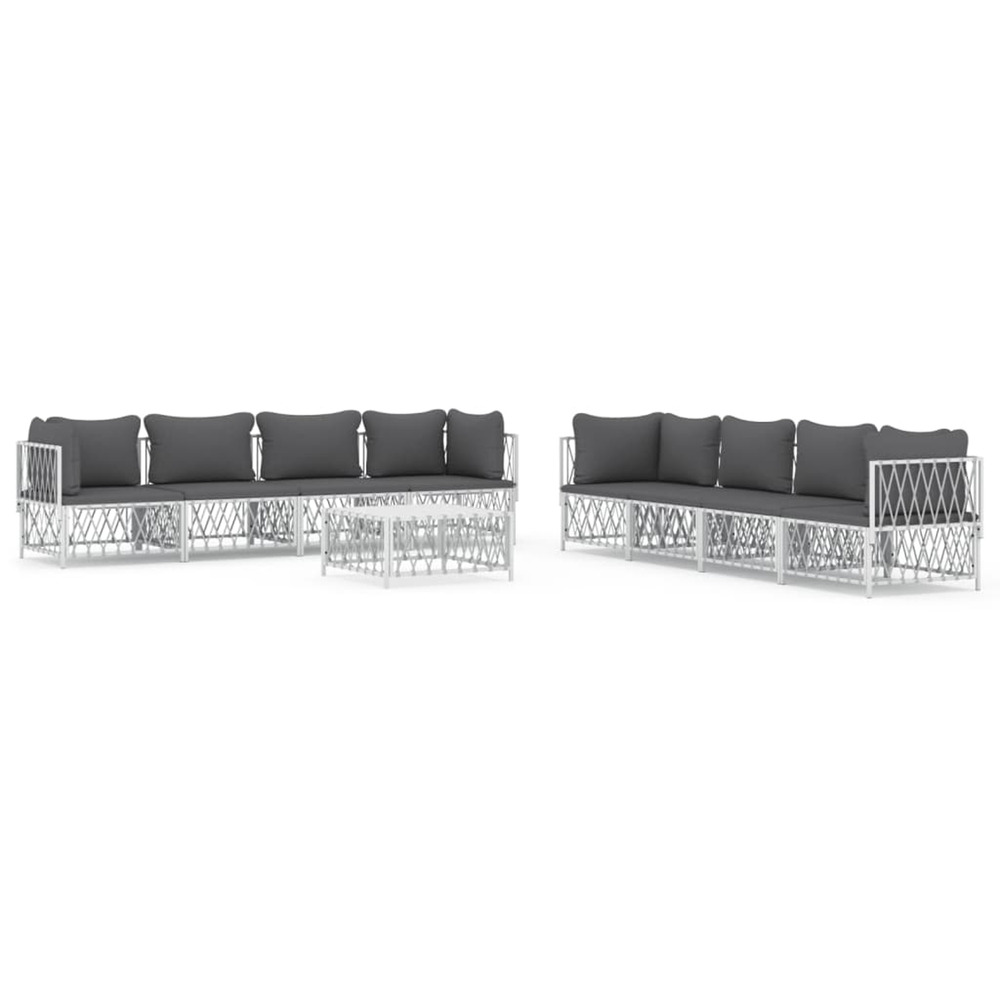 Salon de jardin avec coussins 9 pcs blanc acier