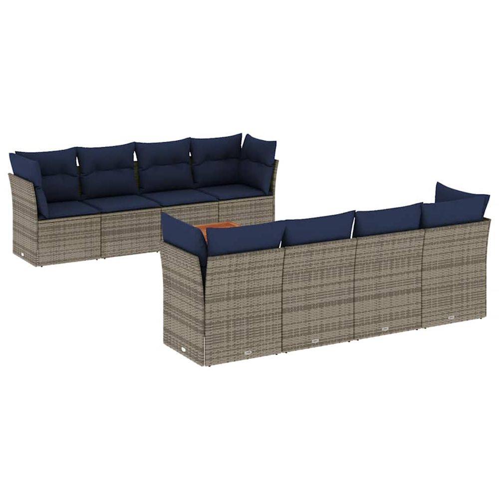 Salon de jardin 9 pcs avec coussins gris résine tressée