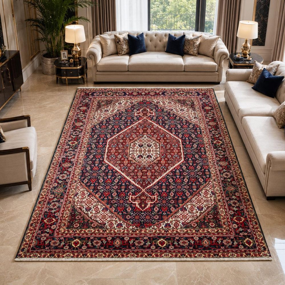 Tapis d'orient 200 x 304 cm, bleu, crème et rouge, noué à la main, tabriz d