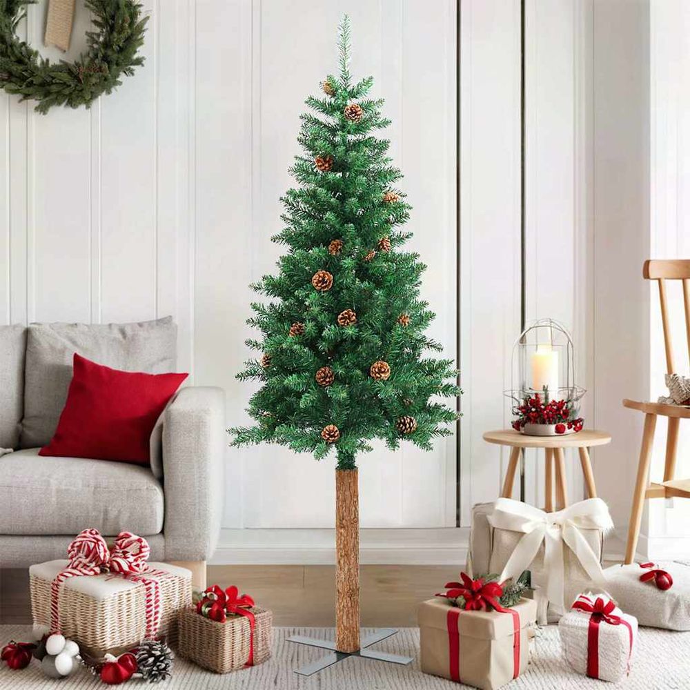 Sapin de noël mince avec tronc en bois véritable et cônes 150cm pvc