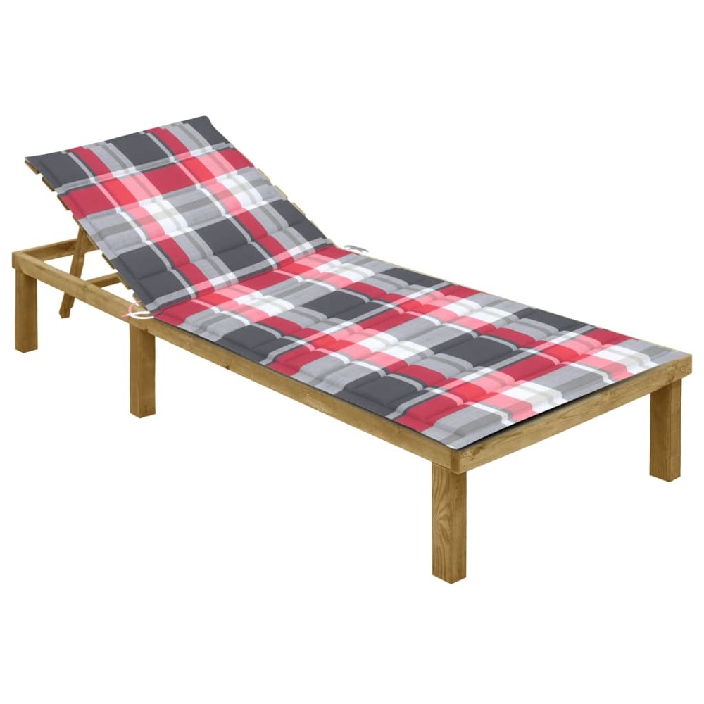 Transat chaise longue bain de soleil lit de jardin terrasse meuble d'extérieur avec coussin carreaux rouge bois de pin imprég