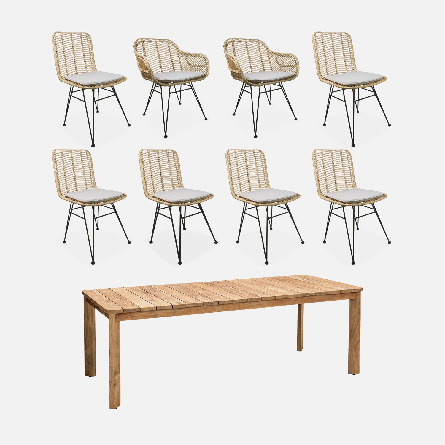 Table à manger en ancien teck recyclé . 220cm + 6 chaises et 2 fauteuils en rotin naturel et métal. Coussins naturels