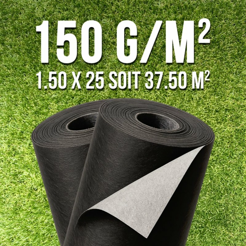 Lot 2 rouleaux géotextile 150 g/m² 1,5 m × 25 m soit 75 m² mgs – toile anti-mauvaises herbes sol allée terrasse jardin