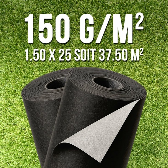 Lot 2 rouleaux géotextile 150 g/m² 1,5 m × 25 m soit 75 m² mgs – toile anti-mauvaises herbes sol allée terrasse jardin
