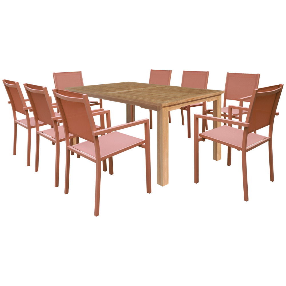 Salon de jardin en teck java avec chaises en aluminium terracotta - 8 places