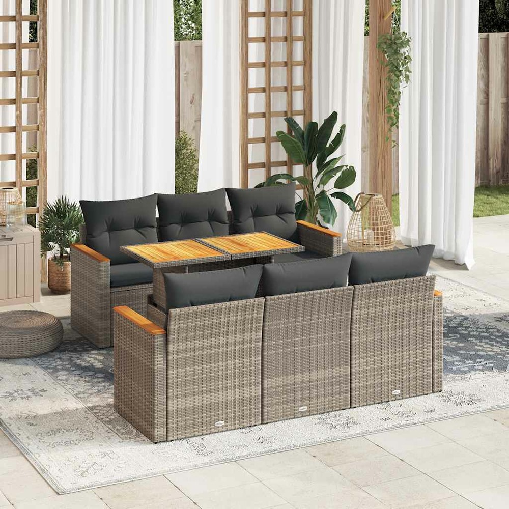 Salon de jardin avec coussins 7 pcs gris résine tressée acacia