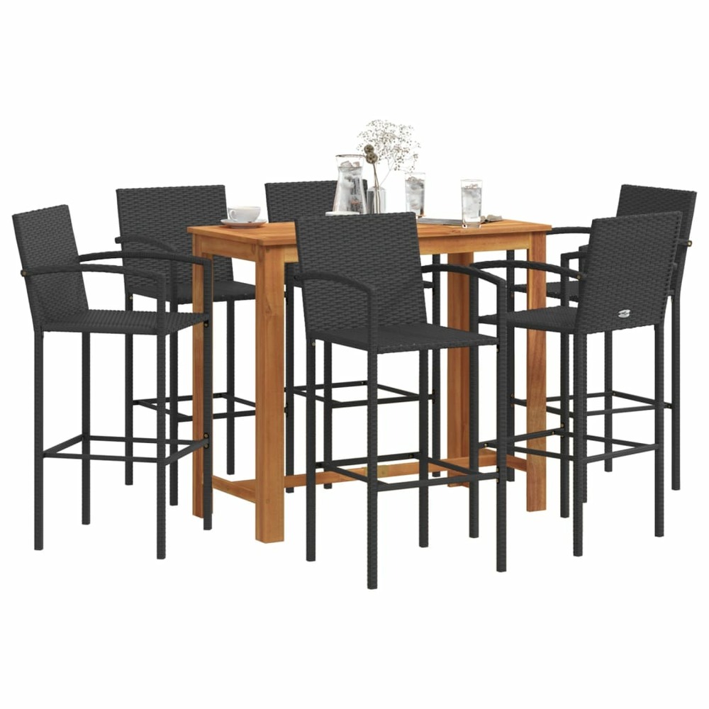 Ensemble de bar de jardin 7 pcs noir bois massif acacia rotin