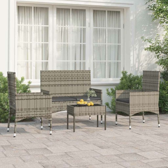 Salon de jardin 4 pcs avec coussins gris résine tressée