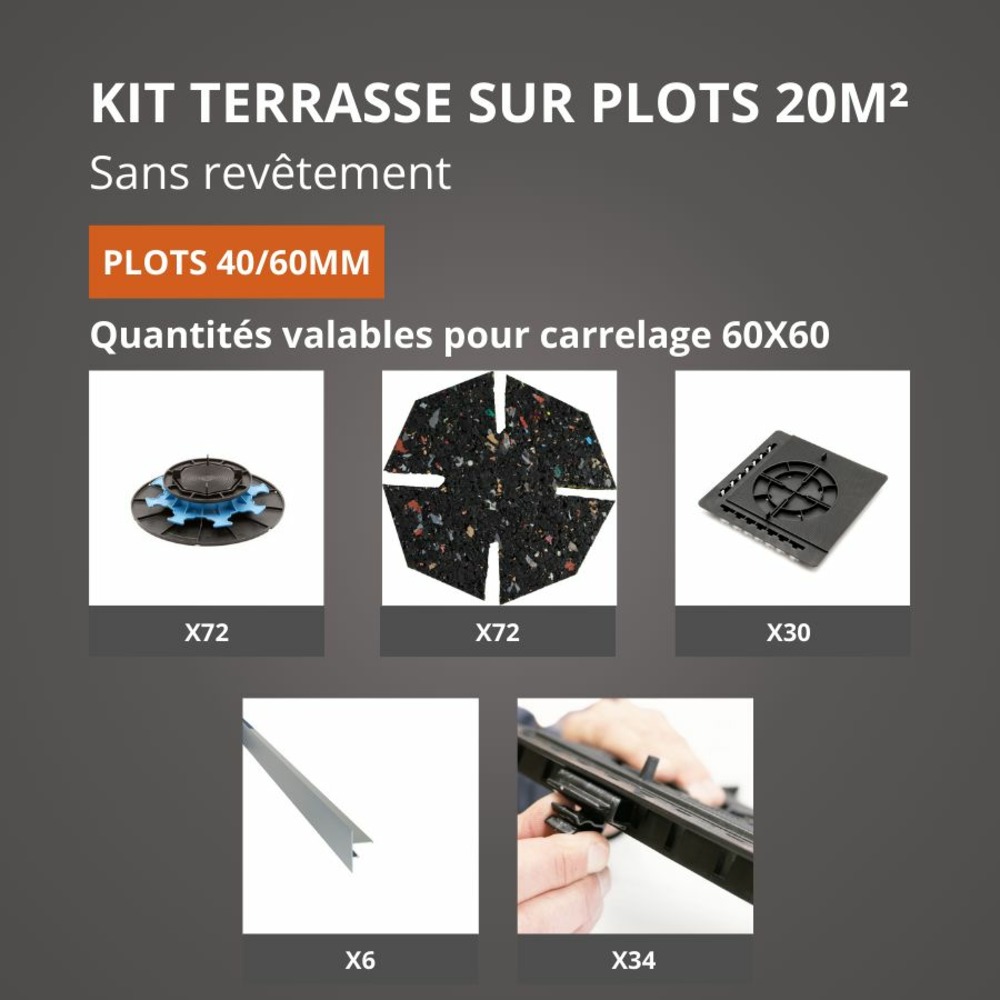 Kit terrasse sur plots sans revêtement 20m² - finition gris aluminium - 40/60 mm - jouplast
