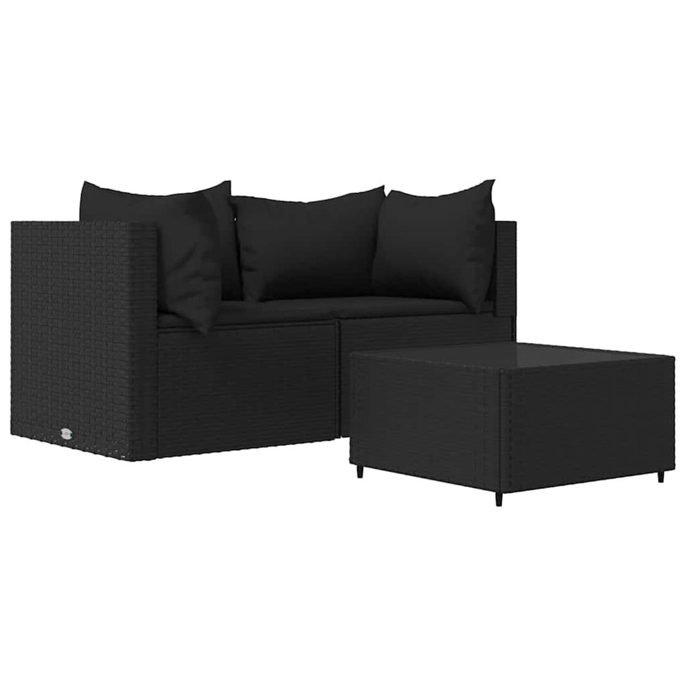 Salon de jardin 3 pcs avec coussins noir résine tressée