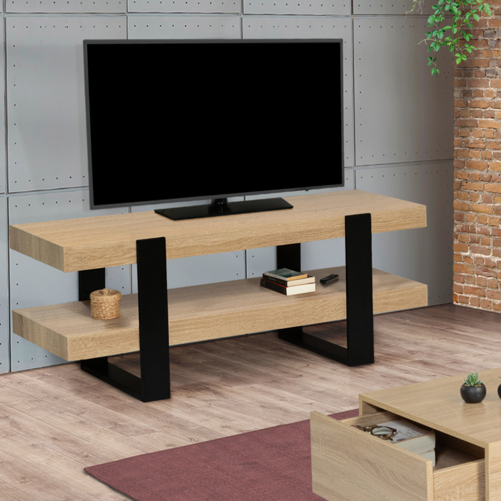 Meuble tv 114 cm double plateau phoenix bois et noir
