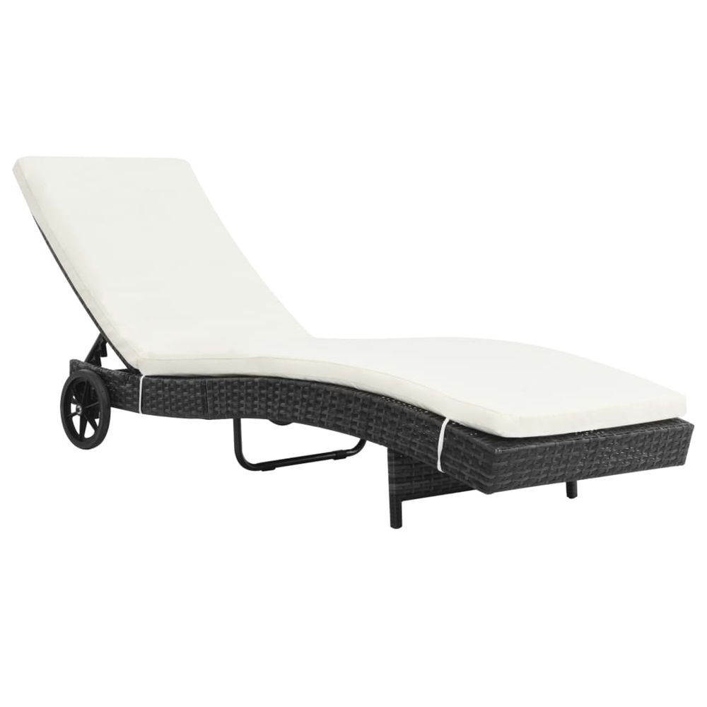 Chaise longue avec roues et coussin résine tressée noir bain de soleil