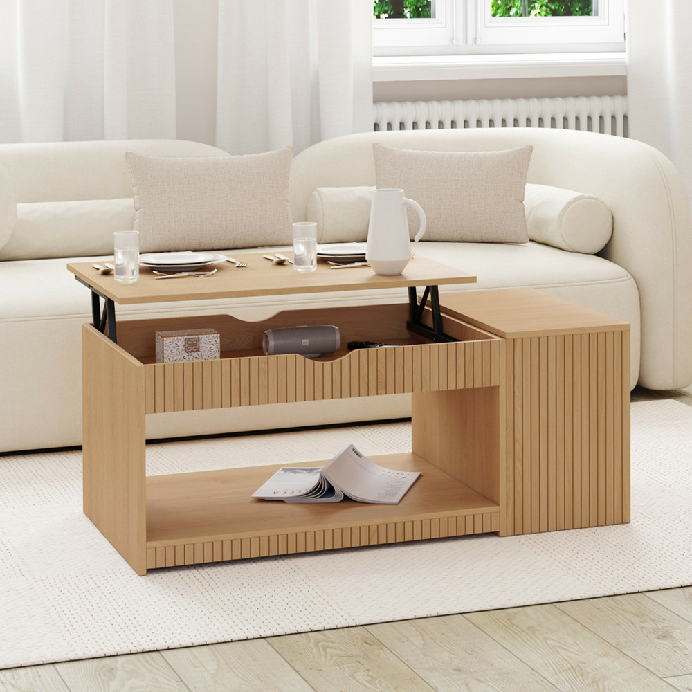 Table basse plateau relevable rectangulaire juliette avec coffre lattes tasseau bois coloris chêne