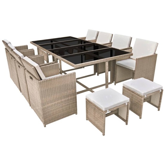 Salon de jardin meuble d'extérieur ensemble de mobilier encastrable avec coussins 13 pièces rotin beige