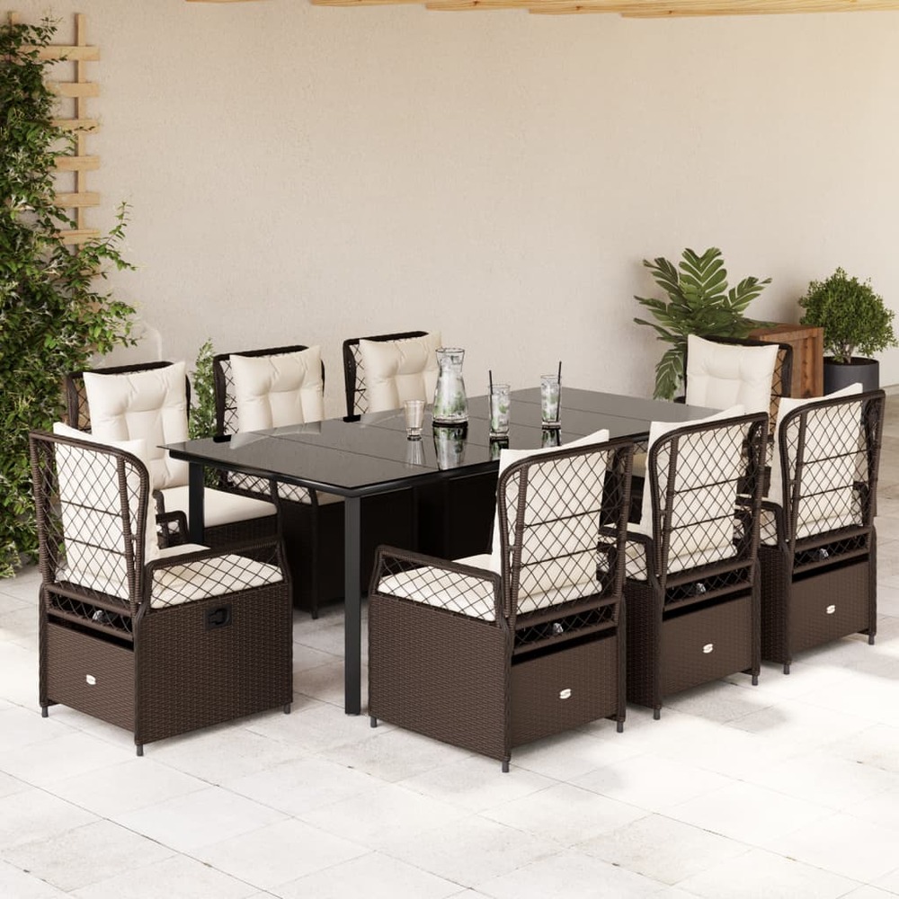 Ensemble à manger de jardin et coussins 9 pcs marron poly rotin