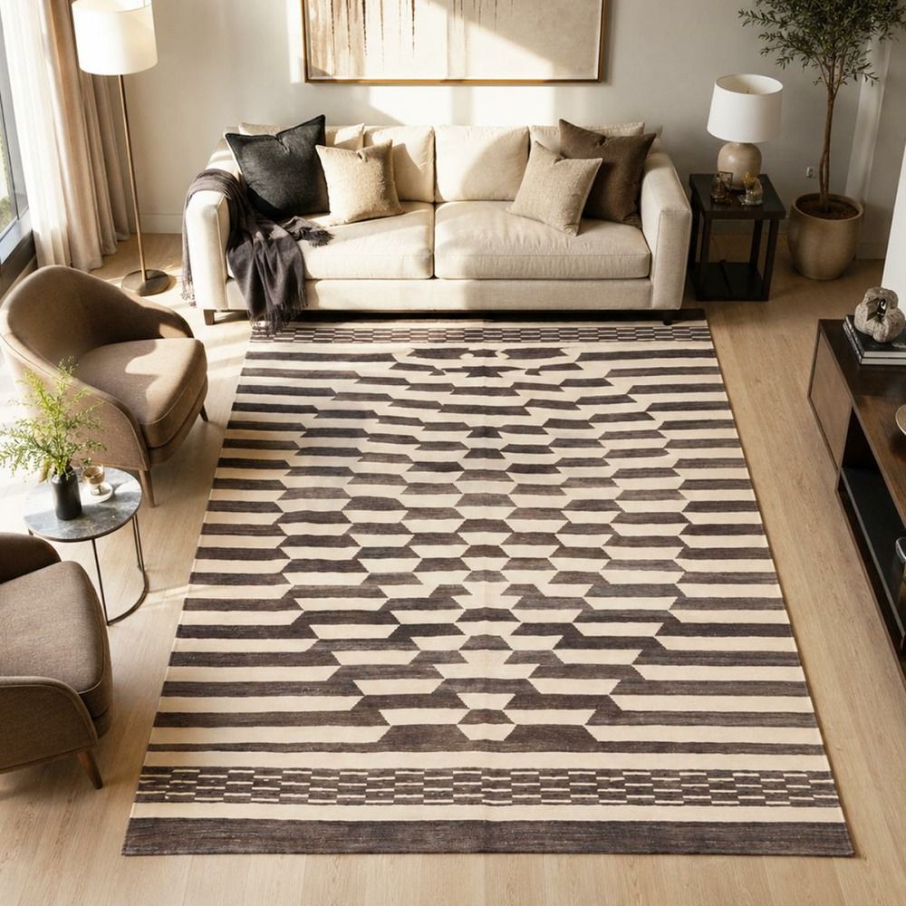Tapis kilim 213 x 305 cm, crème et marron, tissé plat en laine, kelim ku 2