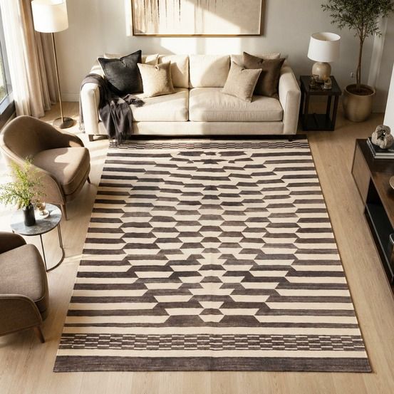 Tapis kilim 213 x 305 cm, crème et marron, tissé plat en laine, kelim ku 2