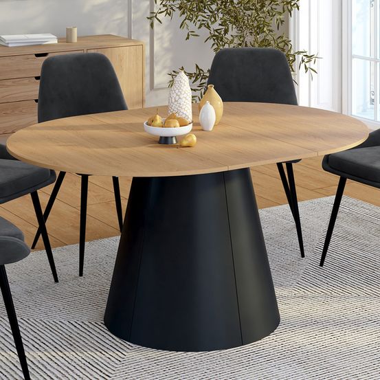 Table à manger ronde extensible angele 4-8 personnes bois effet hêtre et pied noir 110-150 cm