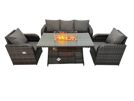 Ensemble salon de jardin extérieur en polyrotin table de foyer à gaz et fauteuil avec canapé 3 places gris foncé mixte