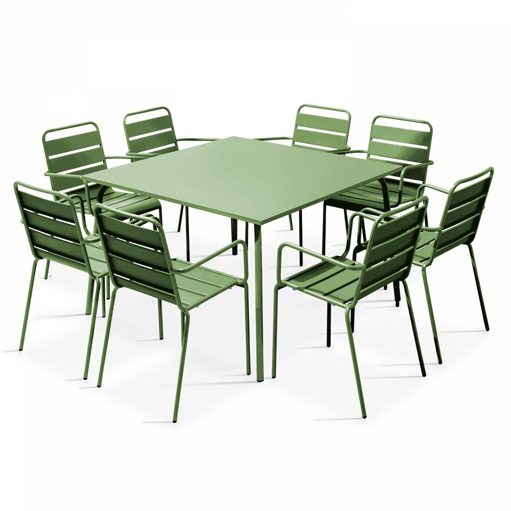 Ensemble table de jardin carrée et 8 fauteuils en métal vert cactus