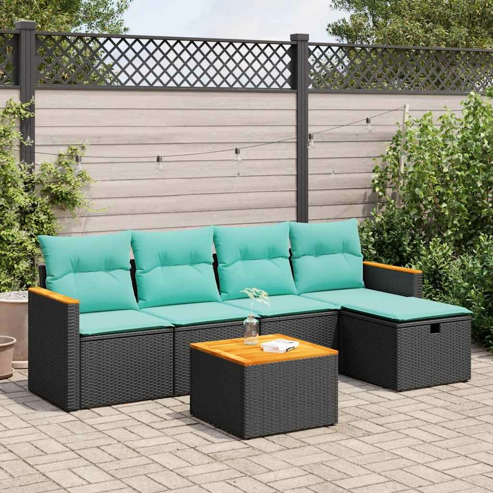Salon de jardin 6 pcs avec coussins noir résine tressée
