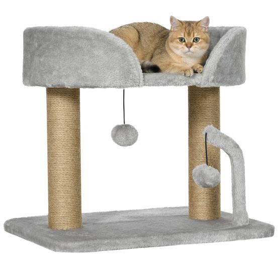 Petit arbre à chat en bois et polyester pour petits espaces griffoir gris clair 42cm