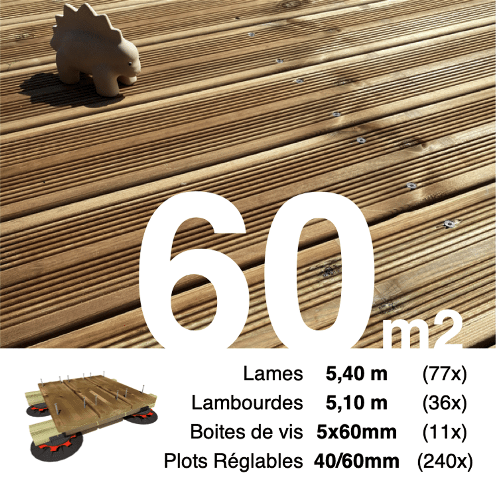 Kit complet terrasse pin autoclave marron pour 60 m², lames 5,4 m, lambourdes 5,1 m, plots réglables et visserie inox.