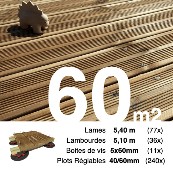 Kit complet terrasse pin autoclave marron pour 60 m², lames 5,4 m, lambourdes 5,1 m, plots réglables et visserie inox.