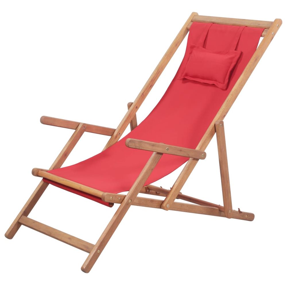 Chaise pliante rouge en tissu et structure en bois