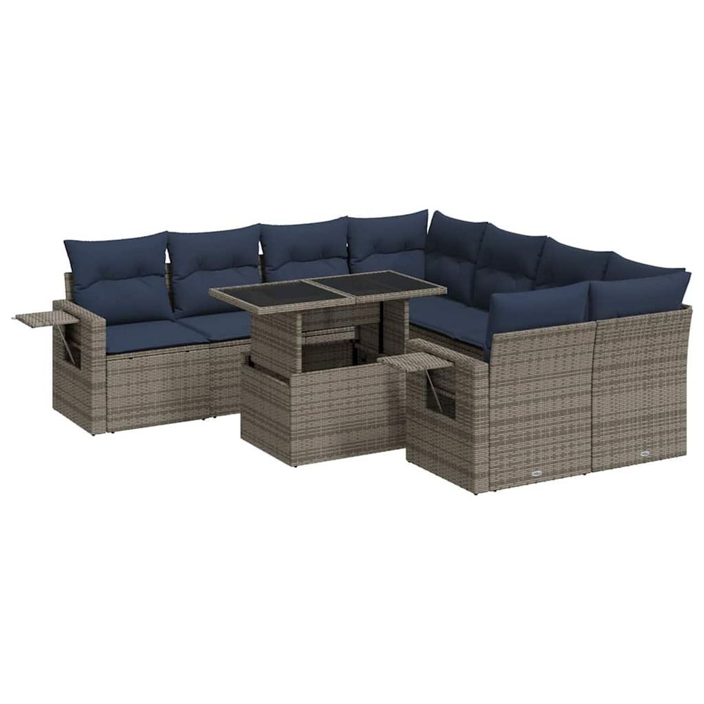 Salon de jardin avec coussins 9 pcs gris résine tressée acacia