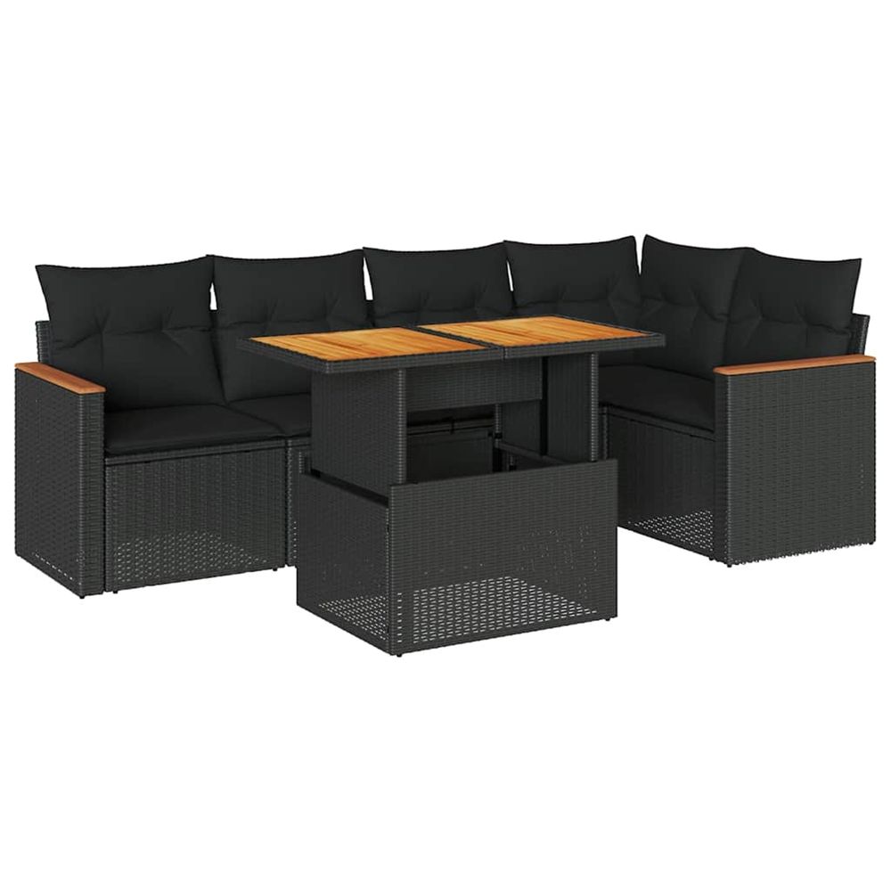 Salon de jardin 6 pcs avec coussins noir résine tressée acacia