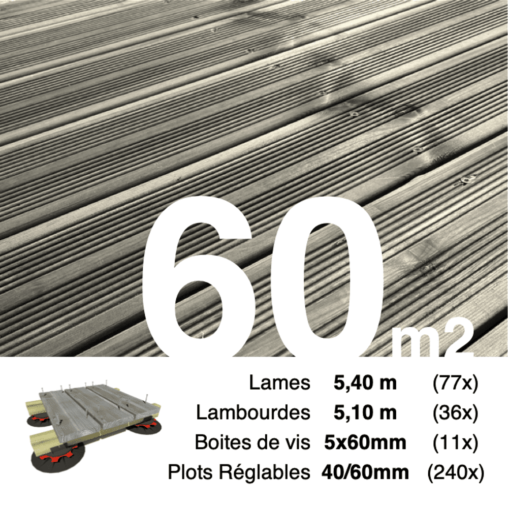 Kit complet terrasse pin autoclave gris pour 60 m², lames 5,4 m, lambourdes 5,1 m, plots réglables et visserie inox.