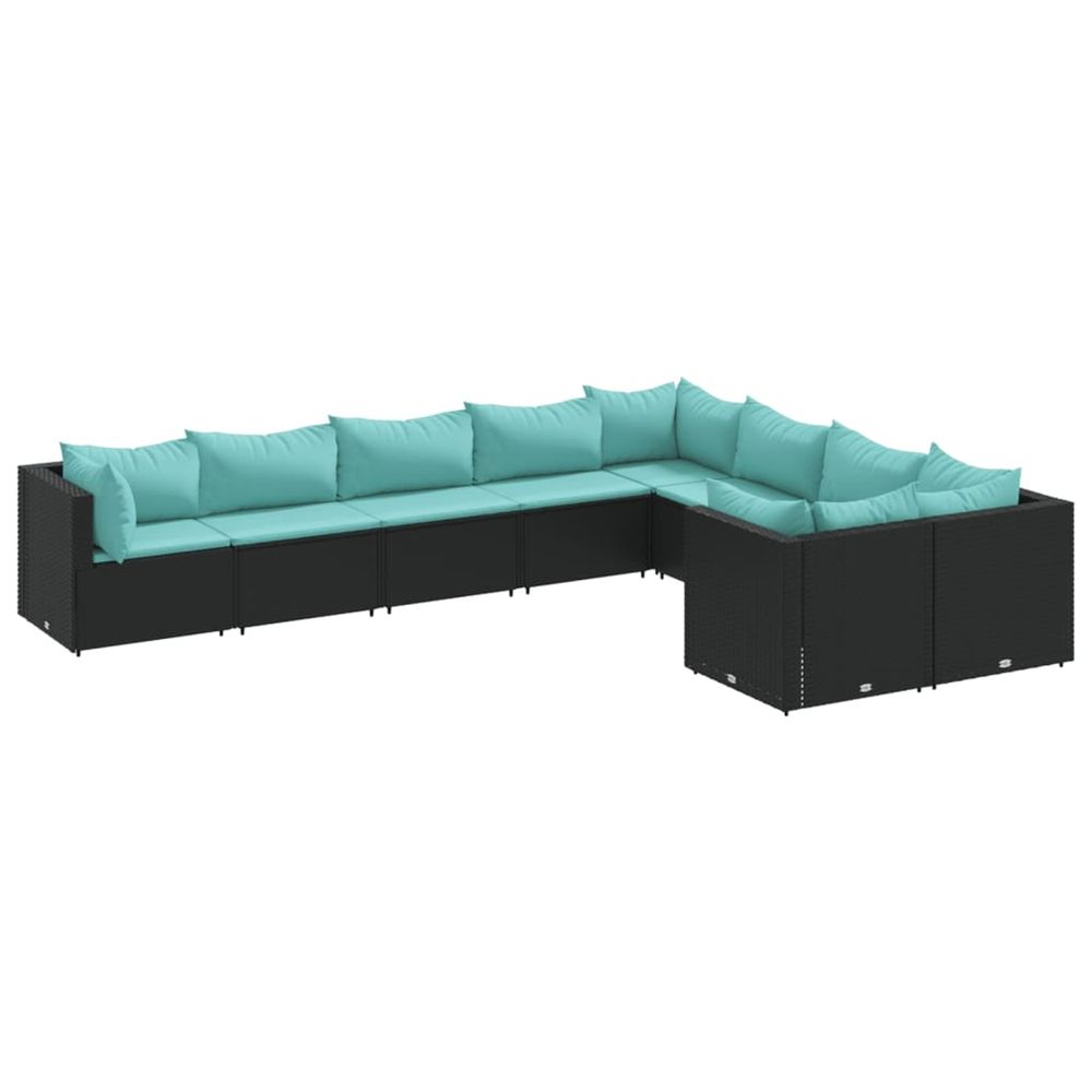 Salon de jardin 9 pcs avec coussins noir résine tressée