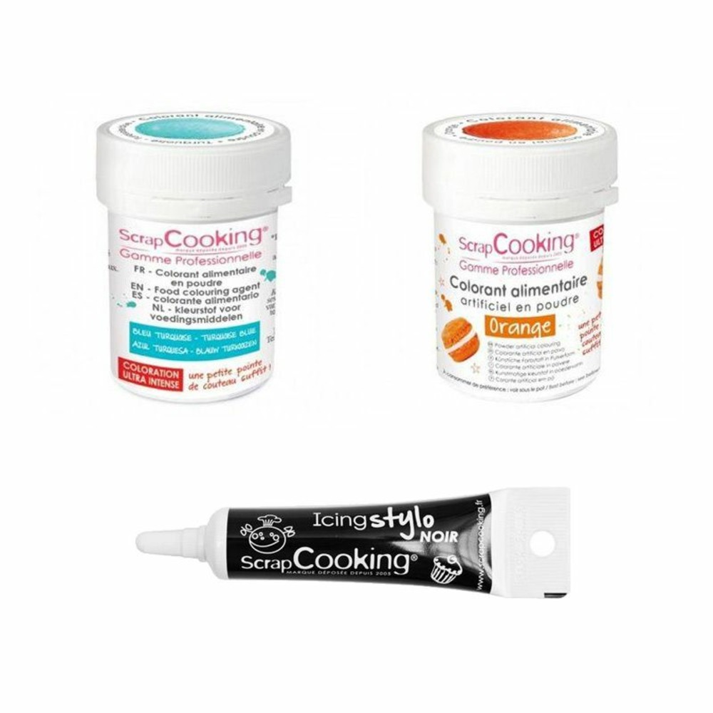 2 colorants alimentaires orange-turquoise + stylo glaçage noir