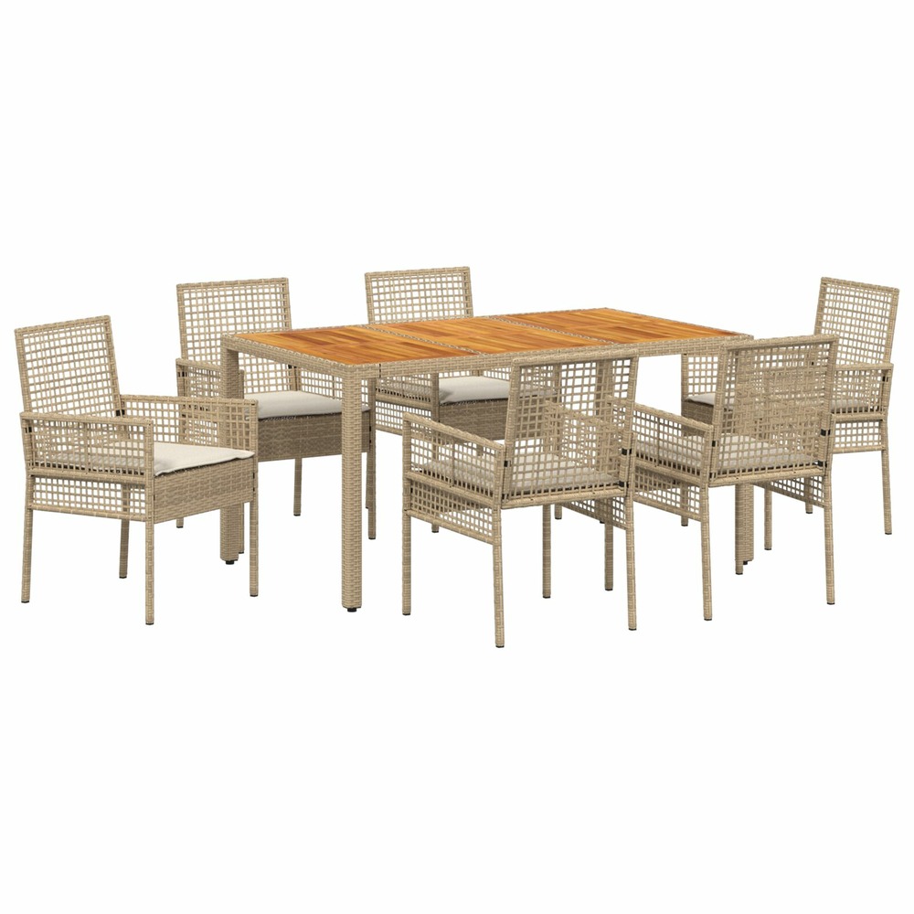 Ensemble de salle à manger de jardin 7 pièces avec coussins beige poly rotin