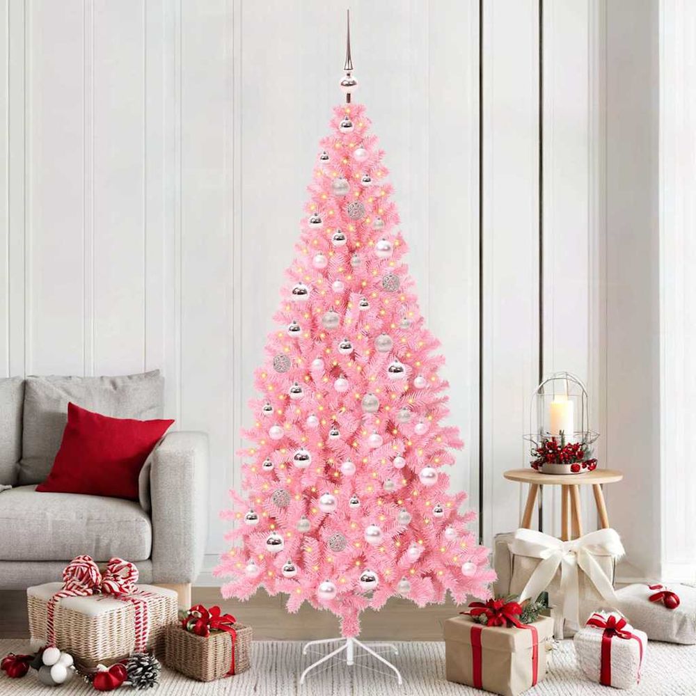 Sapin artificiel tendance rose 210 cm, complet avec 300 led et décorations